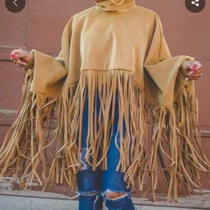 Faux Suede Fringe Pullover Jacket w/Cowl Collar